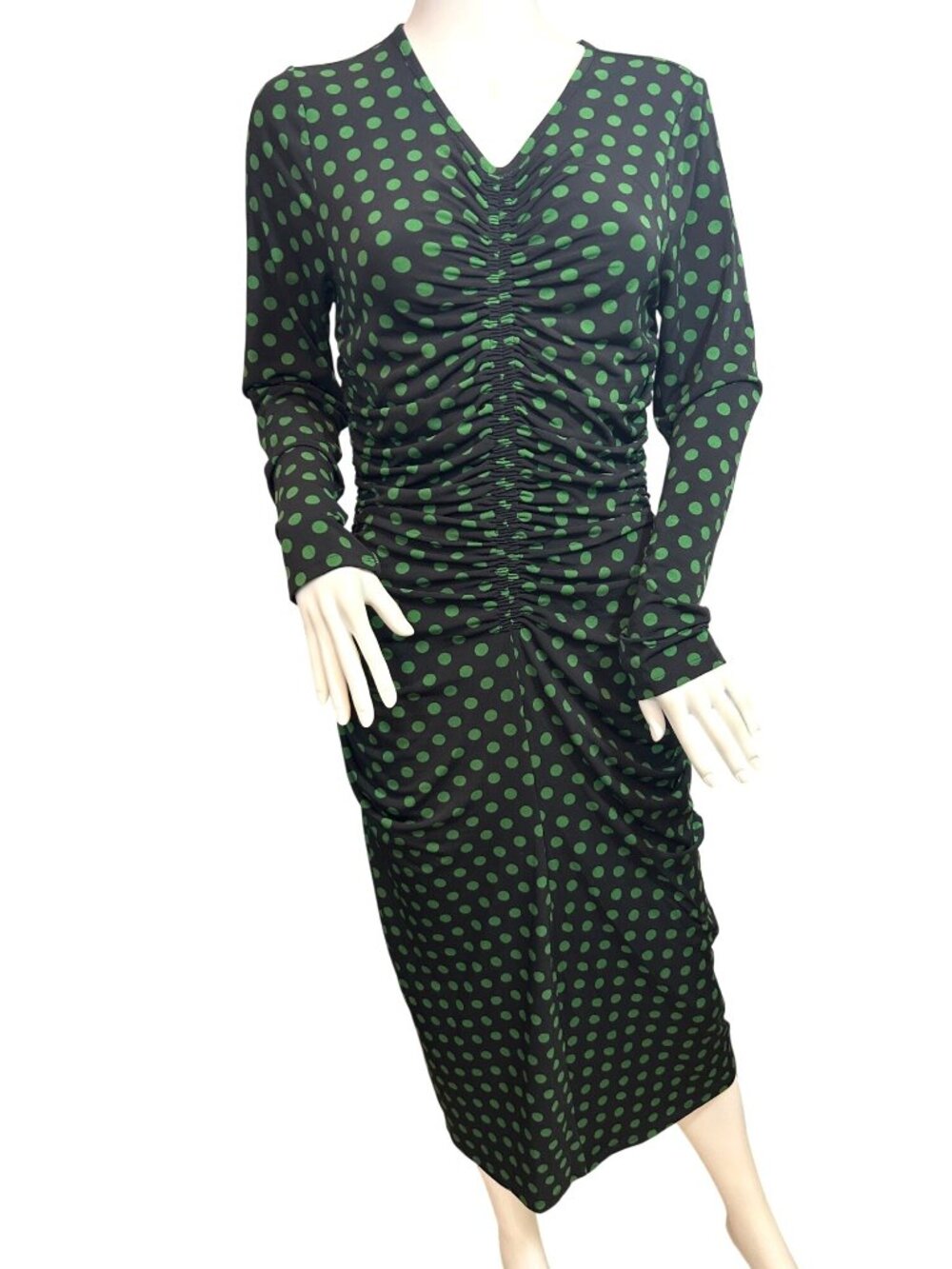 Michael Kors Polka Dot Dress L Black Moss Green Ruched Midi Long Sleeve V-Neck